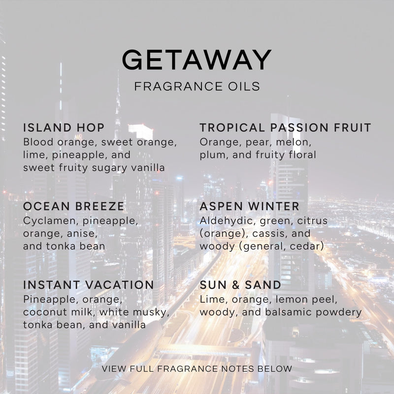 Get Away Gift Set: 6 Premium Fragrance Oils (10ml each) – Island Hop, Ocean Breeze, Tropical Passion Fruit, Aspen Winter, Instant Vacation, Sun & Sand