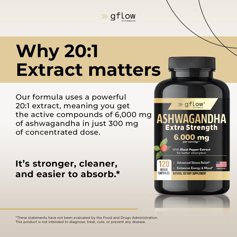 gflow vitamins Ashwagandha 6000mg – Extra Strength, vegan, non-GMO – Made in USA | Sleep, Mood & Energy | Pack of 3