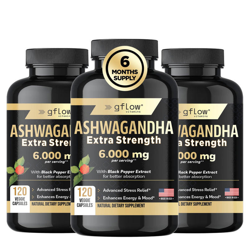 gflow vitamins Ashwagandha 6000mg – Extra Strength, vegan, non-GMO – Made in USA | Sleep, Mood & Energy | Pack of 3