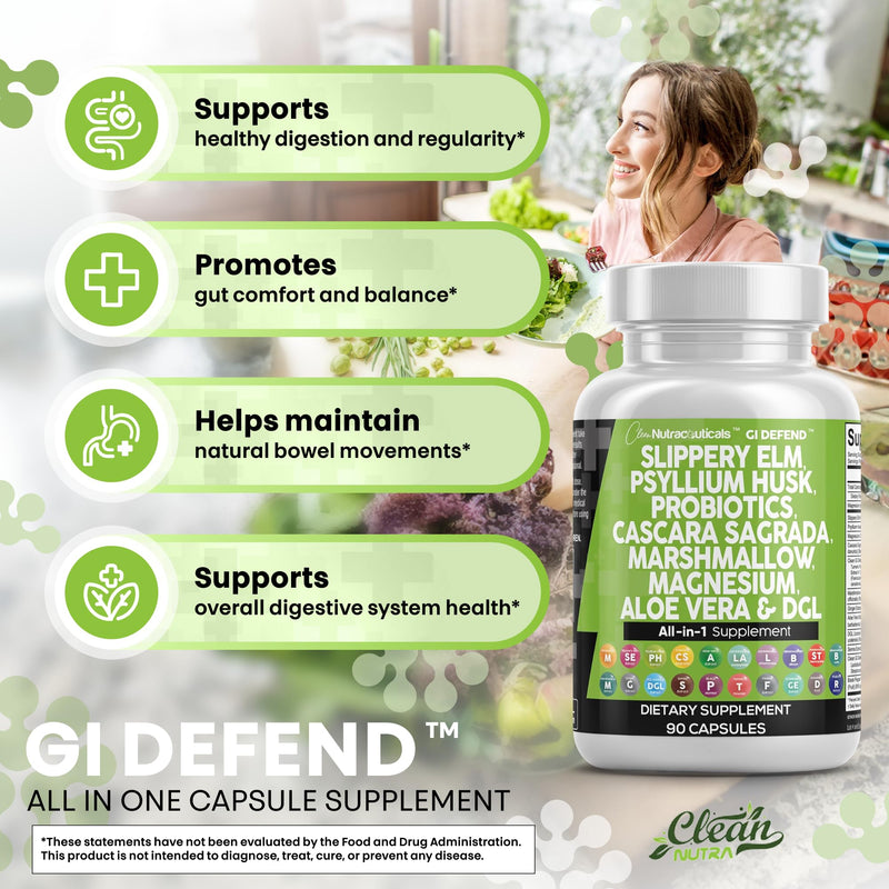 Clean Nutraceuticals GI Defend - All-In-One Digestive Health Supplement with Slippery Elm, Psyllium Husk, Probiotics, Aloe Vera & Herbal Extracts