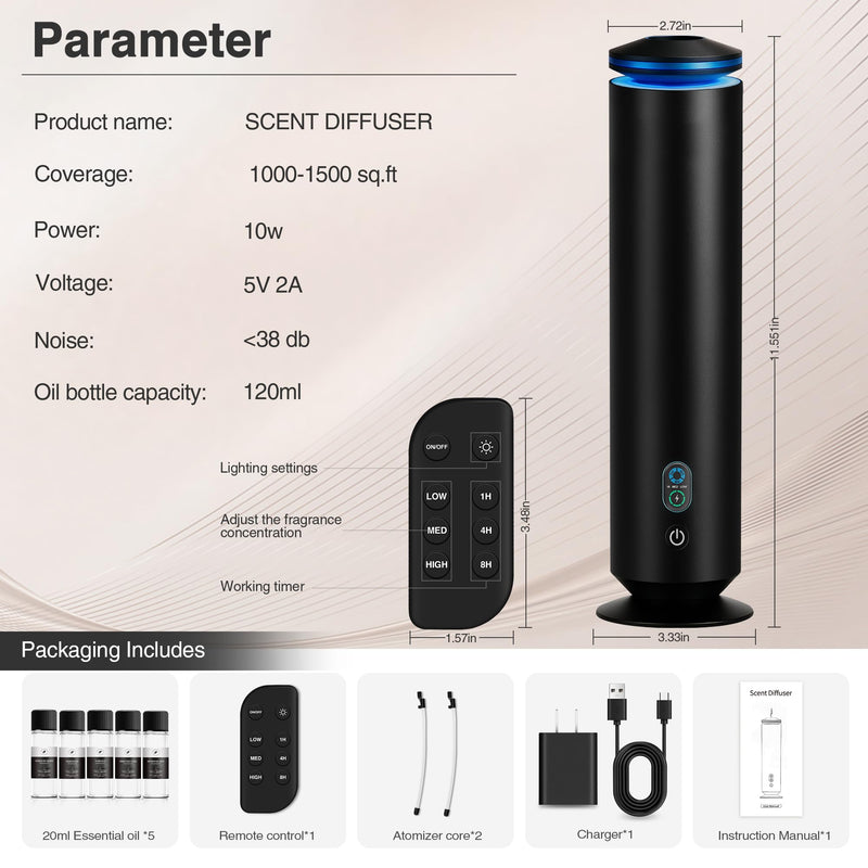 Waterless Scent Diffuser Starter Kit – 1500 Sq Ft Coverage, Black