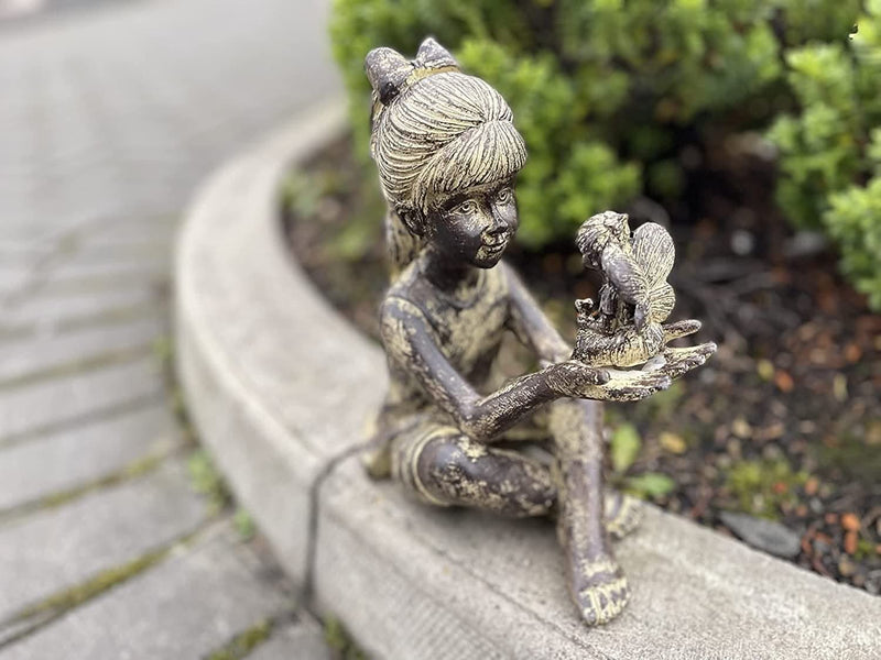 Sitting Girl with Fairy Resin Garden Statue Stone Effect 23cm