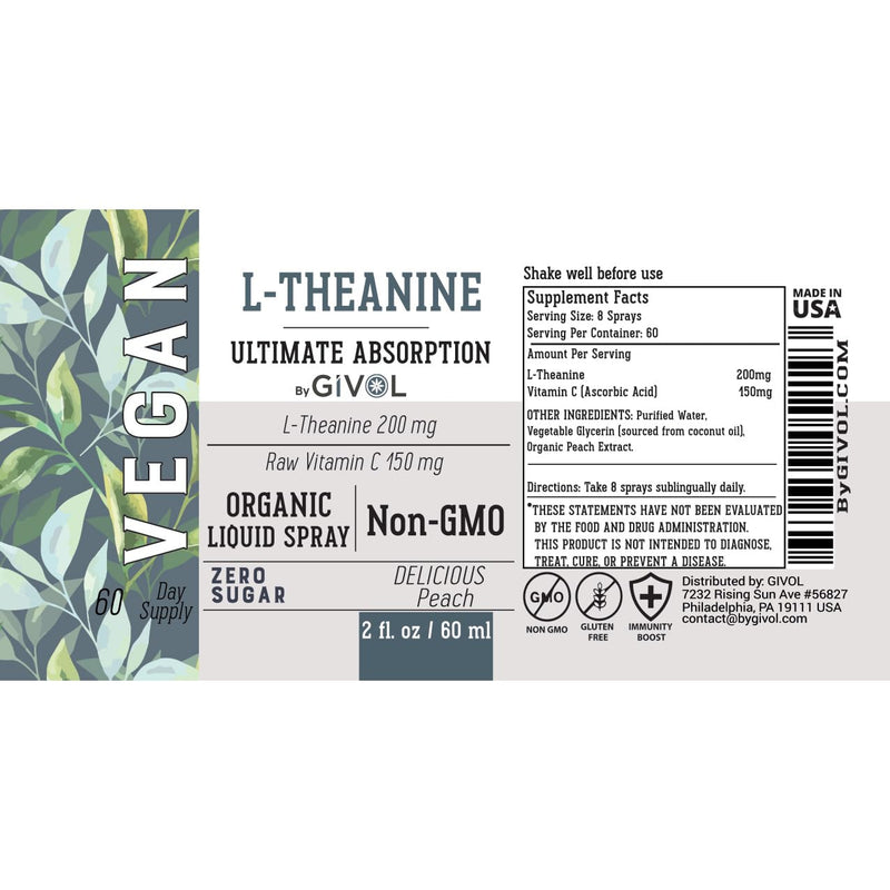 GIVOL 200mg L-Theanine & 150mg Vitamin C Liquid Spray – Peach Flavor (2 oz)