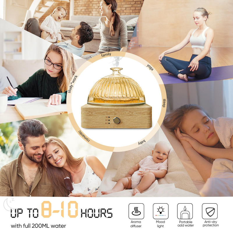 Glass Dome Essential Oil Diffuser - Glass Reservoir, Wood Base, 200ml, Auto-Off Timer