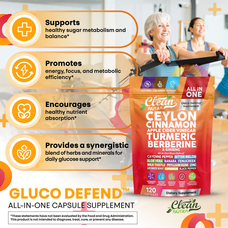 Gluco Defend 120 Capsules – Ceylon Cinnamon, Apple Cider Vinegar, Turmeric, Berberine | Clean Nutra