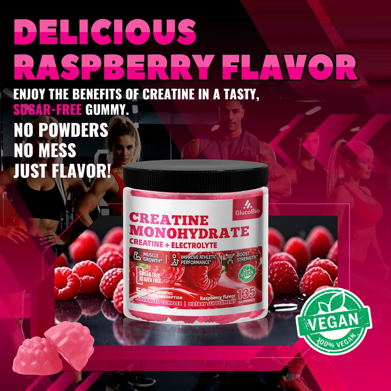 GlucoBio Creatine Monohydrate Gummies – 5g per Serving, Raspberry