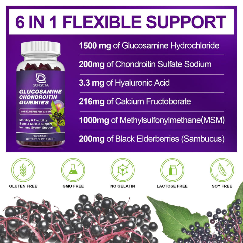 GONGOTA Glucosamine Chondroitin Gummies – 2-Pack, Extra Strength 1500mg