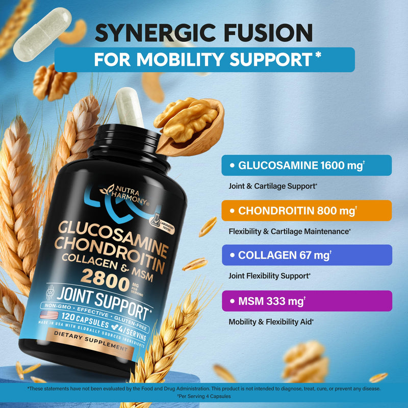 Glucosamine Chondroitin MSM Collagen | HSA | Joint Support 2800 mg | Made in USA | FSA Approved, 120 Capsules
