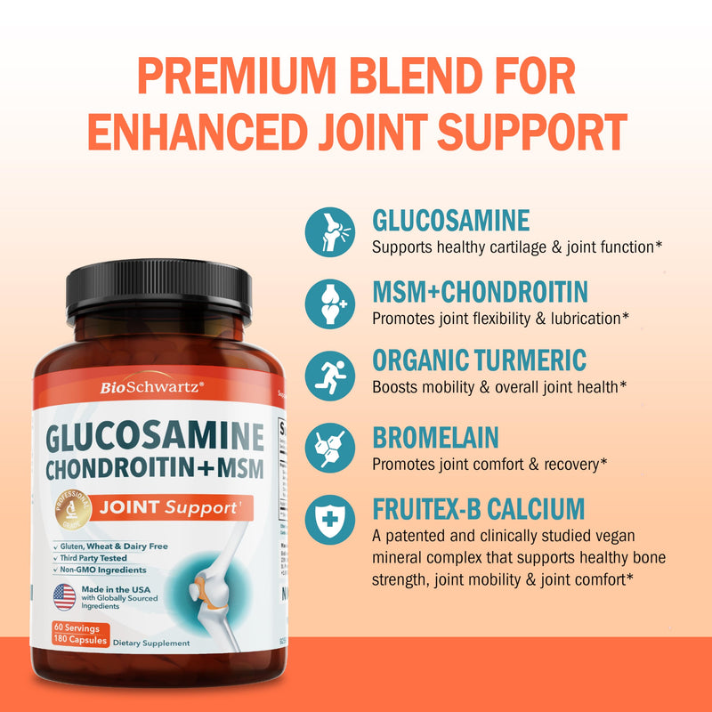 Glucosamine Chondroitin MSM Joint Support – Collagen, Turmeric, Hyaluronic Acid | Gluten Free, Non-GMO, 180 Capsules