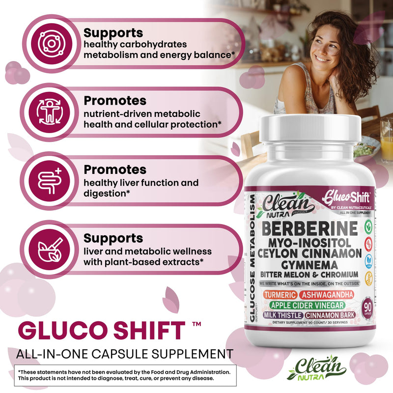 Clean Nutra GlucoShift Berberine Complex – Berberine HCl with Ceylon Cinnamon, Myo-Inositol, Gymnema, Bitter Melon & Chromium | 90 Capsules | Vegan, Gluten-Free, Non-GMO