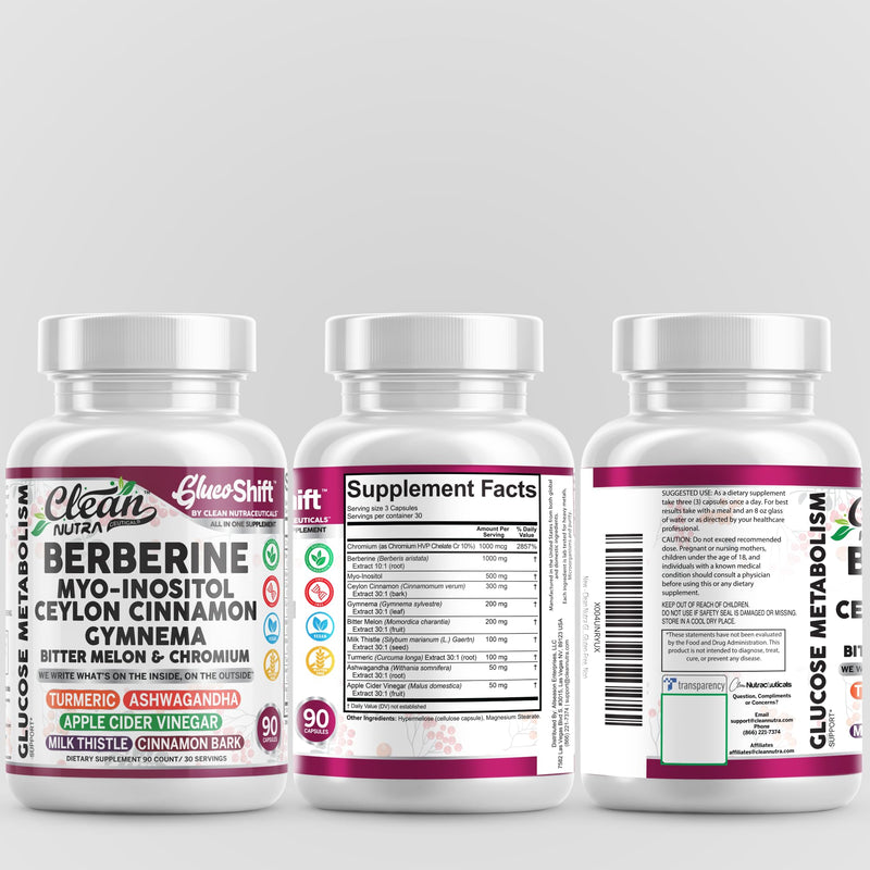 Clean Nutra GlucoShift Berberine Complex – Berberine HCl with Ceylon Cinnamon, Myo-Inositol, Gymnema, Bitter Melon & Chromium | 90 Capsules | Vegan, Gluten-Free, Non-GMO
