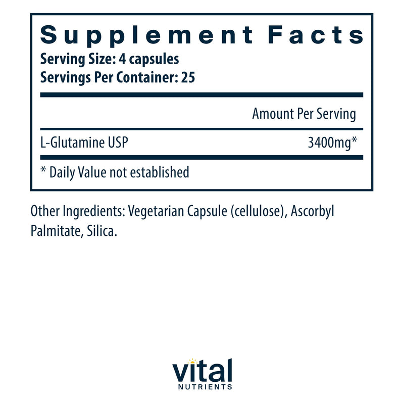 Vital Nutrients Glutamine 3400mg – 90 Capsules | GI Support | Gluten Free | Non-GMO