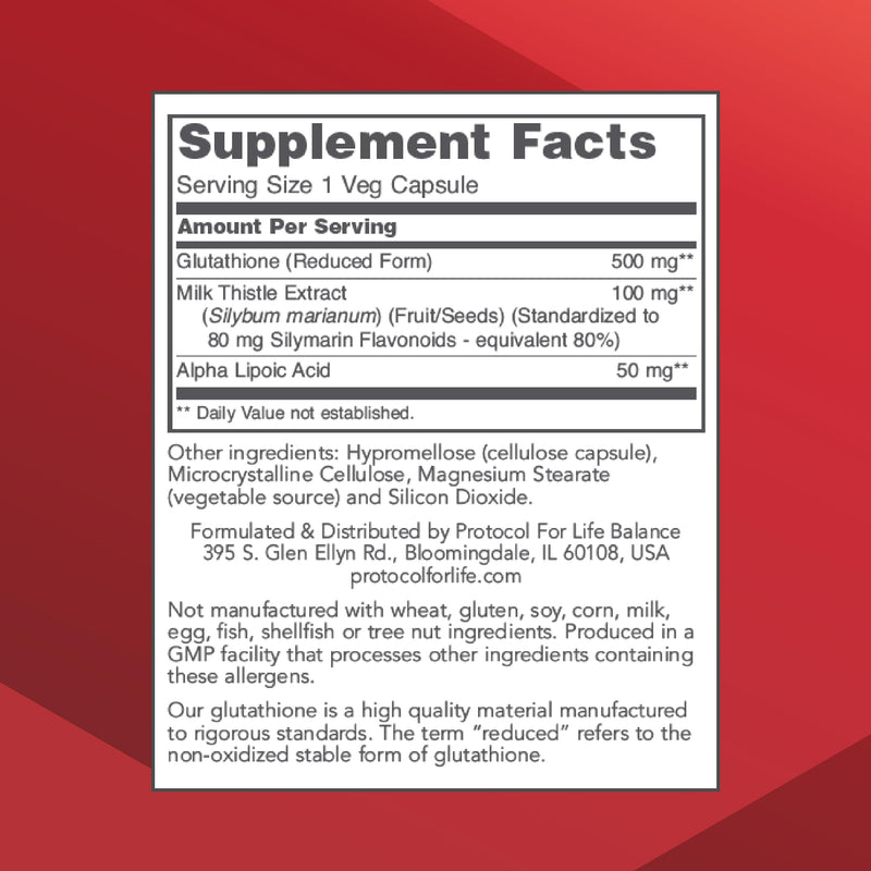PROTOCOL FOR LIFE BALANCE Glutathione 500mg - Milk Thistle and Alpha-Lipoic Acid - 60 Veg Caps