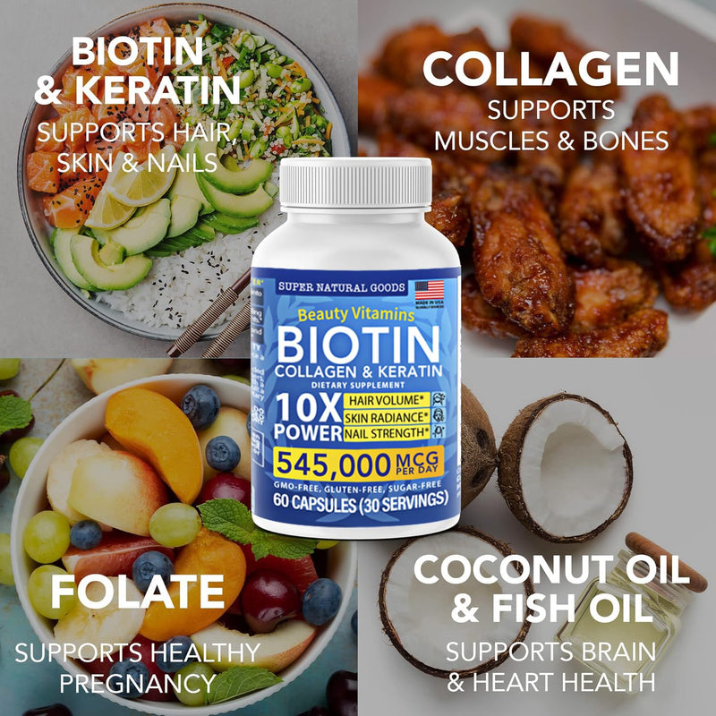 Biotin, Collagen & Keratin with Folate – Hair Growth Vitamins for Women & Men | Gluten Free & GMO Free (120 Caps)