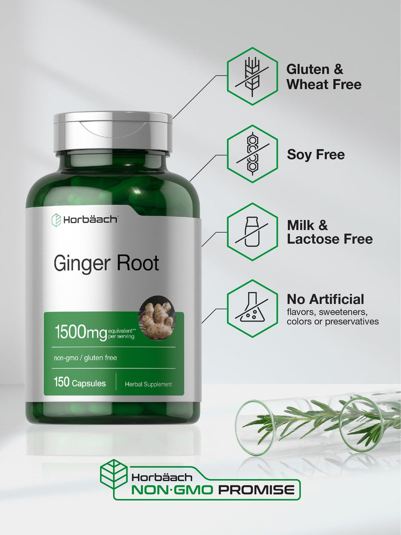 Horbäach Ginger Root Capsules 1500 mg | 150 Pills | Non-GMO, Gluten Free | Ginger Root Extract (Pack of 2)