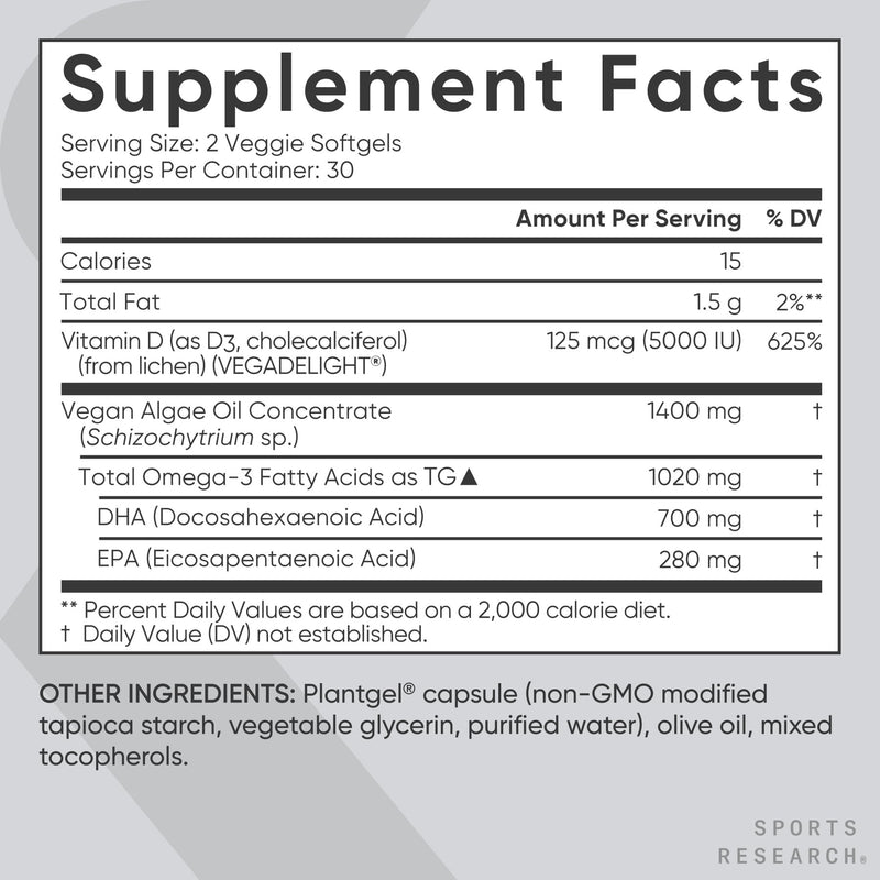 Sports Research Vegan Omega-3 + Vitamin D3 Softgels – 1020mg Omega-3, 5000 IU D3 (60 Veggie Softgels)