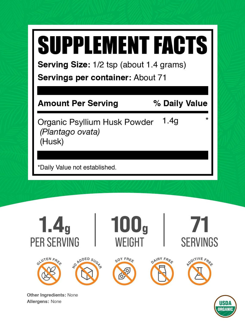 Organic Psyllium Husk Powder 100g - Gluten Free Fiber Supplement | BulkSupplements