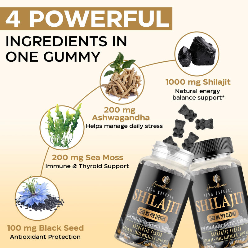 1500MG Shilajit Gummies – 4-in-1 with Ashwagandha, Sea Moss, Black Seed | 120 Gummies