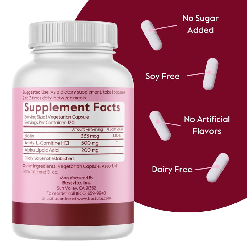 BESTVITE Acetyl L-Carnitine 500mg & Alpha Lipoic Acid 200mg per Capsule with Biotin (120 Vegetarian Capsules) - No Stearates - Vegan - Non GMO - Gluten Free