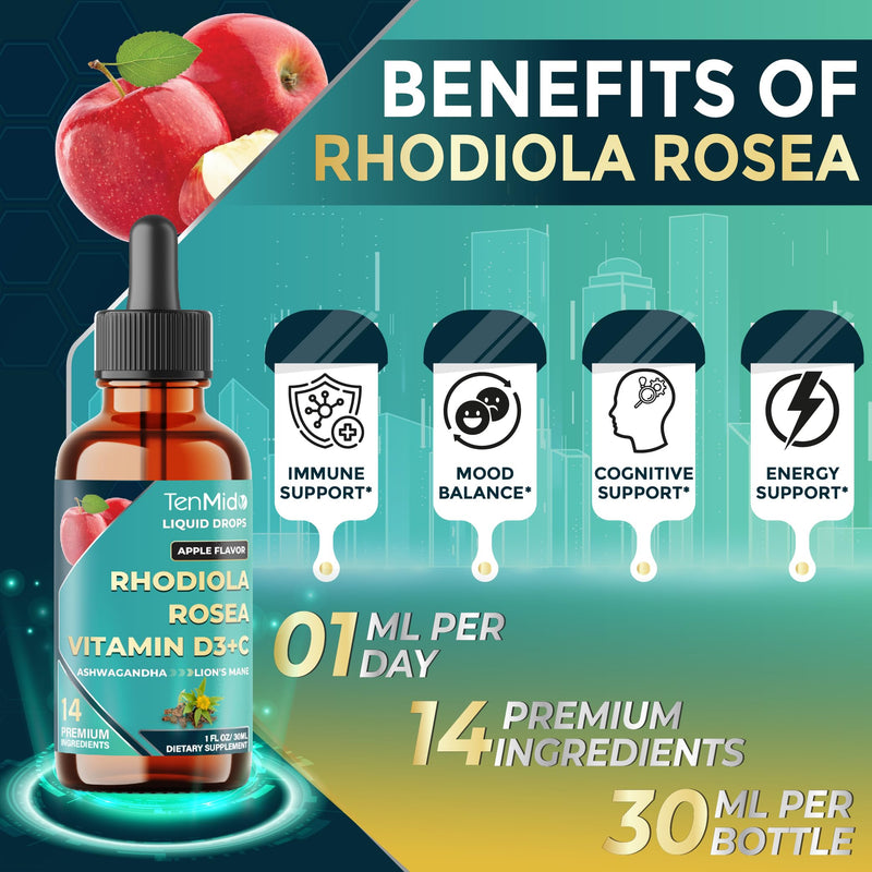 Tenmido 14in1 Rhodiola Rosea Tincture – Ashwagandha, Lion's Mane, Magnesium Glycinate/Citrate/Malate, L-Theanine & SAMe | 30ml