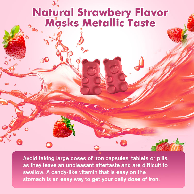 Iron Gummies for Women & Men – Vegan Iron Supplement (Strawberry) 60 Gummies