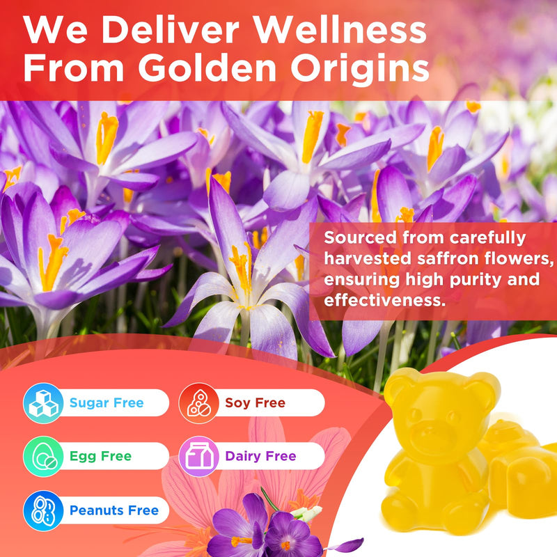Melatonin-Free Saffron Gummies for Mood & Focus – 60 Count with 88.5 mg Saffron Extract, D3, B6, B12