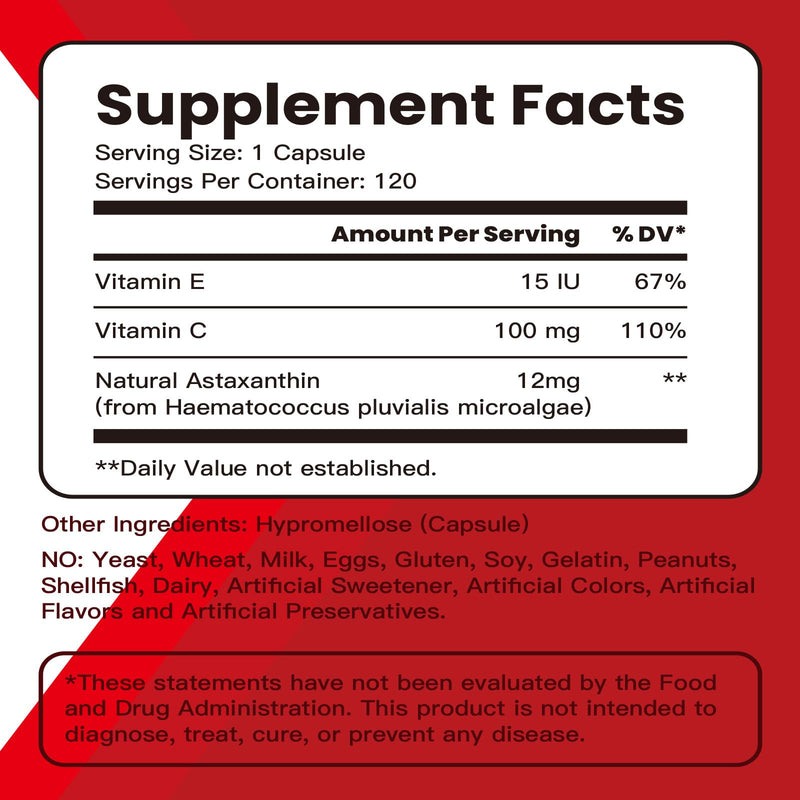 Fleamart Astaxanthin 12mg with Vitamin E & C – 120 Capsules (Vegan, Gluten Free, Non-GMO)