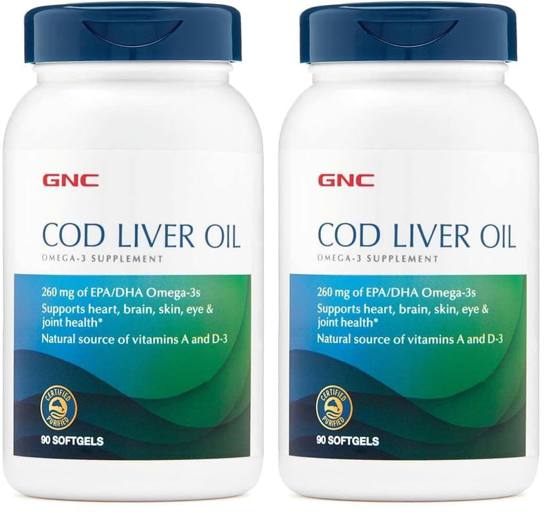 GNC Cod Liver Oil Omega-3 260mg EPA/DHA – Supports Heart, Brain, Skin, Eyes & Joints (90 Softgels x2)
