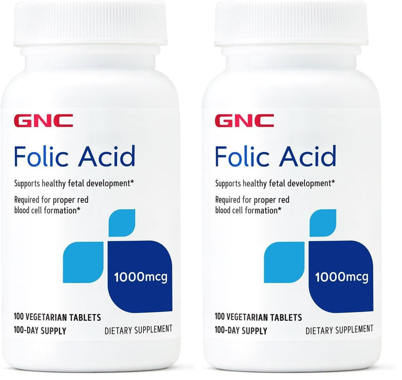 GNC Folic Acid 1000mcg – Supports Healthy Fetal Development | Vegetarian Formula | 100 Count (Pack of 2)