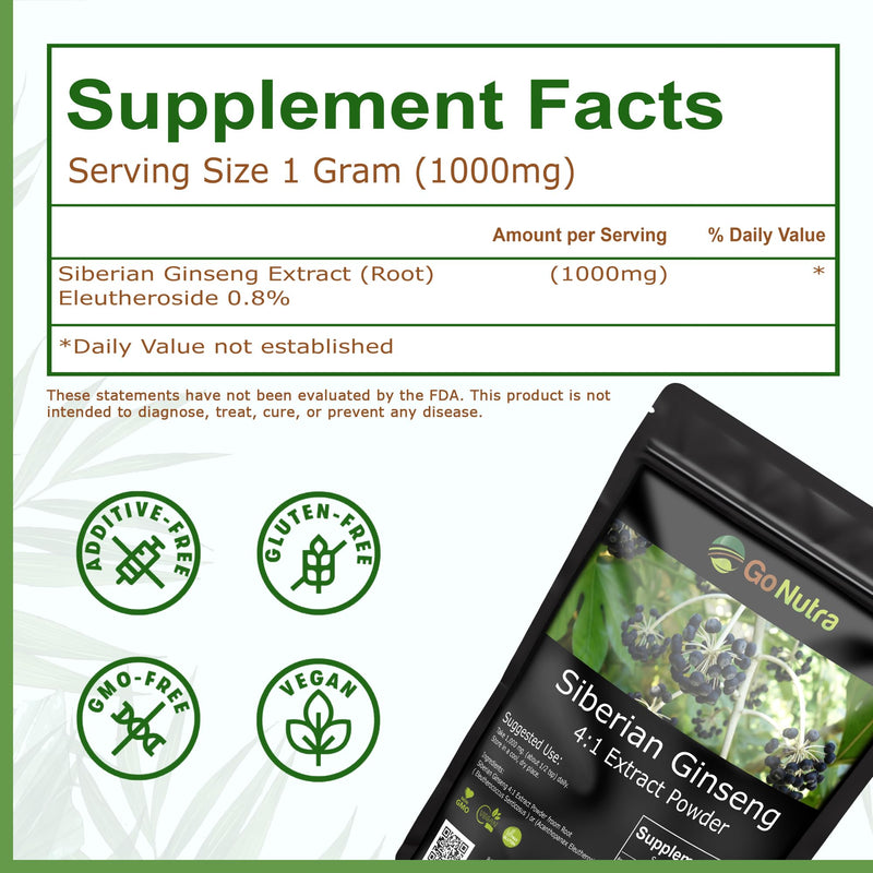 Go Nutra Siberian Ginseng - Eleuthero Root Powder 4:1 Extract, 1lb