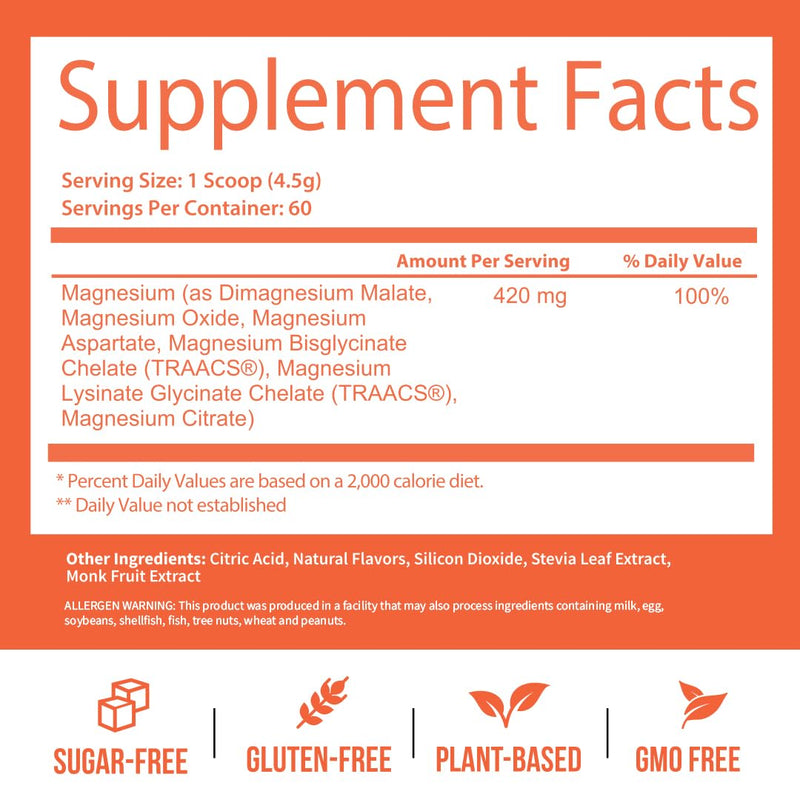 GoBiotix Magnesium Glycinate Powder – 420 mg, High Absorption Complex, Peach Tea, 60 Servings