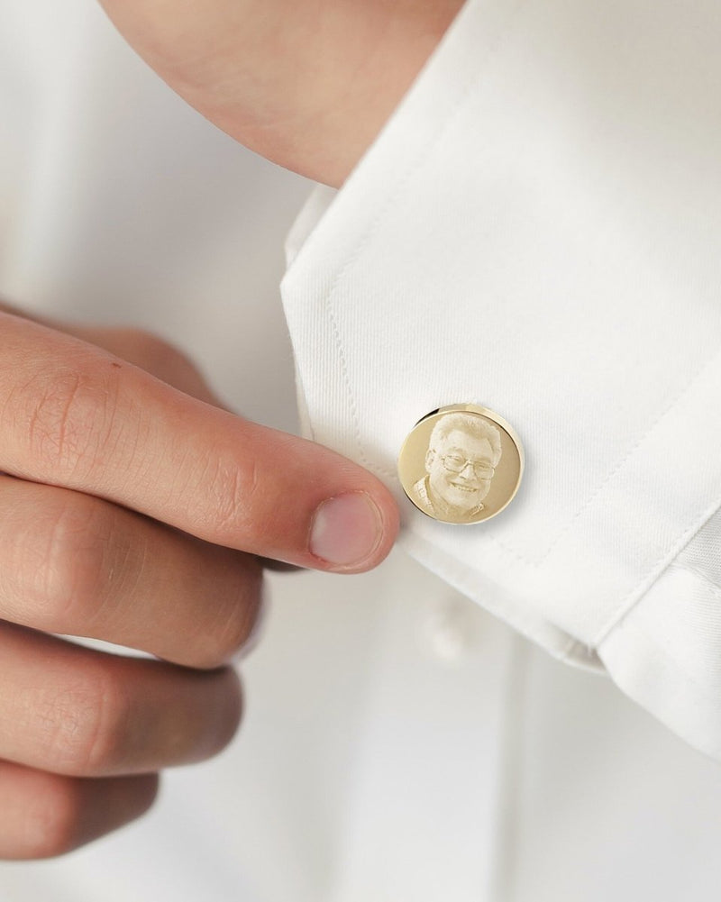 Personalised Round Gold Cufflinks – Photo Engraved in Chrome Case for Groom, Best Man & Father of Groom