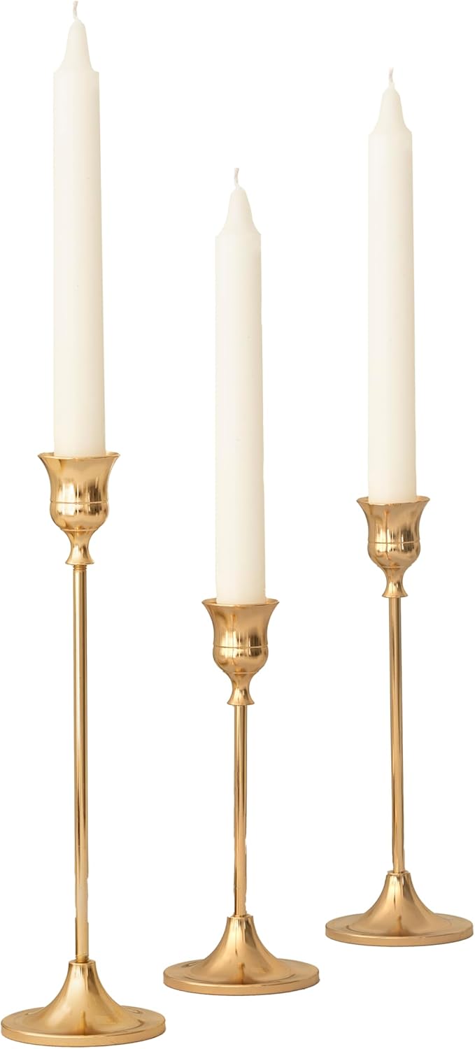 Gold Taper Candle Holders with White Candles Set
