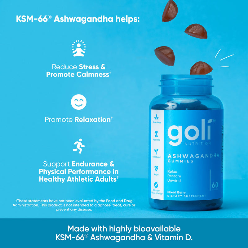Goli Ashwagandha & Vitamin D Gummies – 180 Count, Mixed Berry, Vegan, Pack of 3
