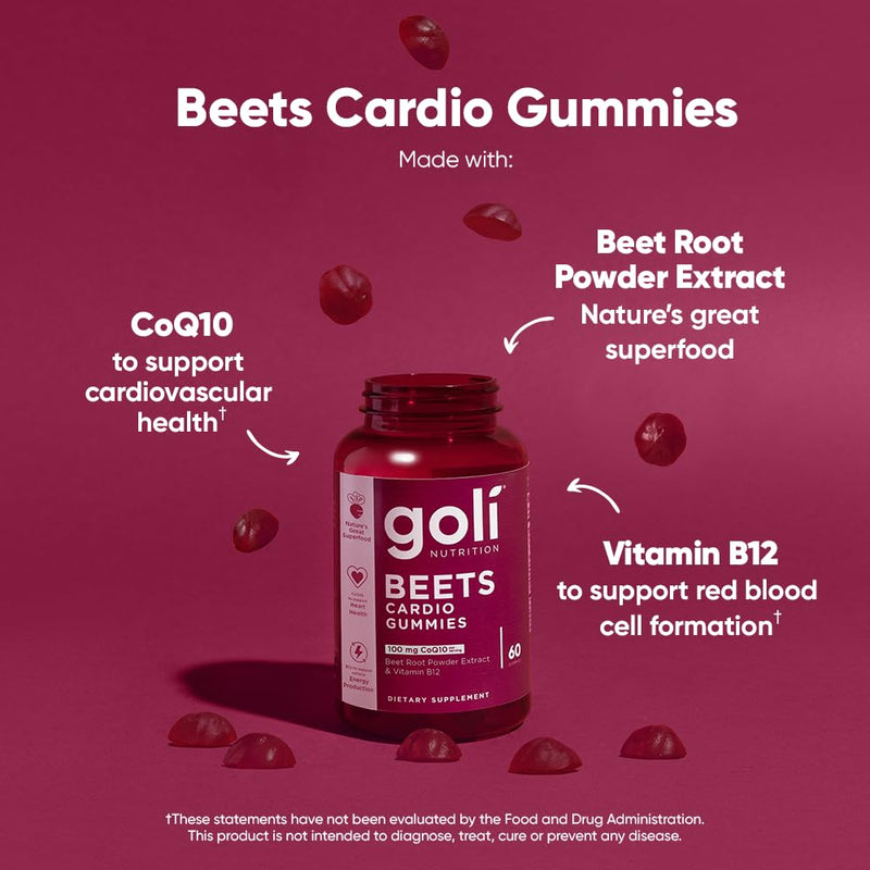 Goli Beets Cardio Gummies with CoQ10 & Vitamin B12 – Beetroot Extract for Cardiovascular Wellness – Vegan, Non-GMO, Gluten-Free – 60 Count (3 Pack)