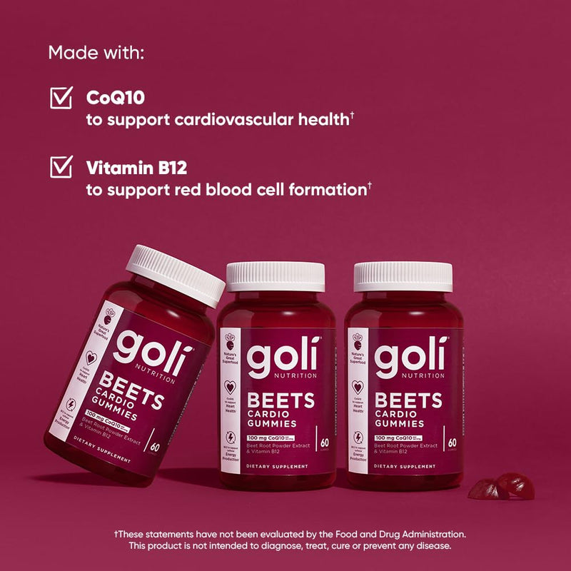 Goli Beets Cardio Gummies with CoQ10 & Vitamin B12 – Beetroot Extract for Cardiovascular Wellness – Vegan, Non-GMO, Gluten-Free – 60 Count (3 Pack)
