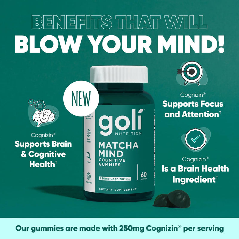 Goli Matcha Mind Gummies – 180 Count | Cognizin for Focus & Brain Health | Vegan, Non-GMO, Gluten-Free