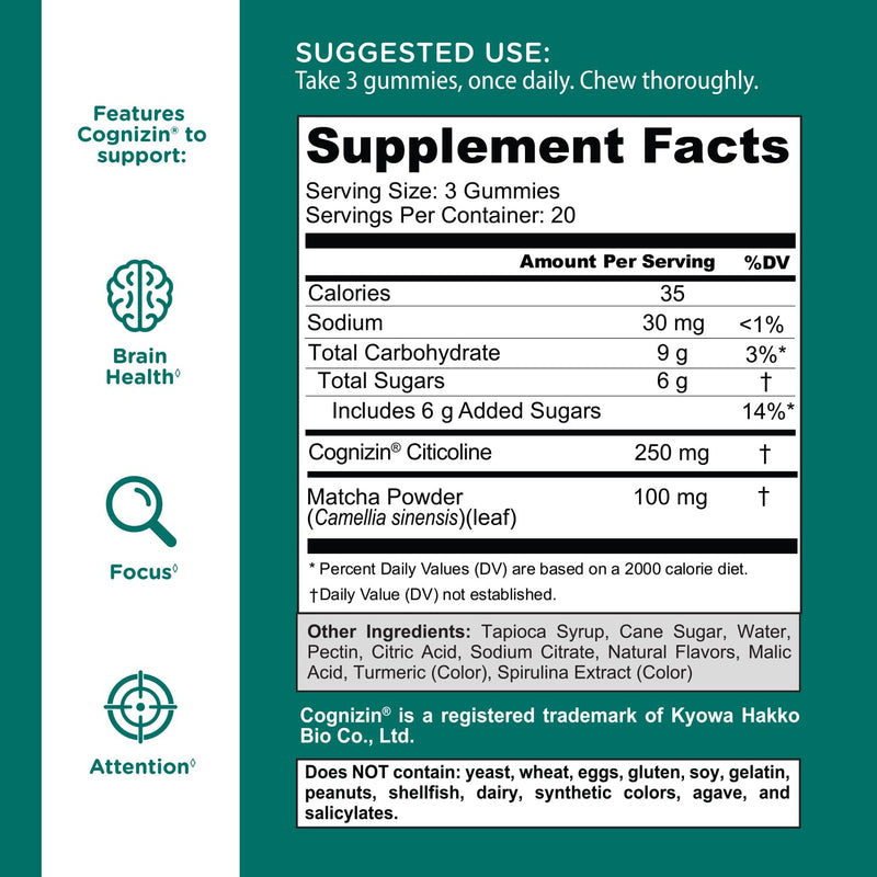 Goli Matcha Mind Gummies – 180 Count | Cognizin for Focus & Brain Health | Vegan, Non-GMO, Gluten-Free