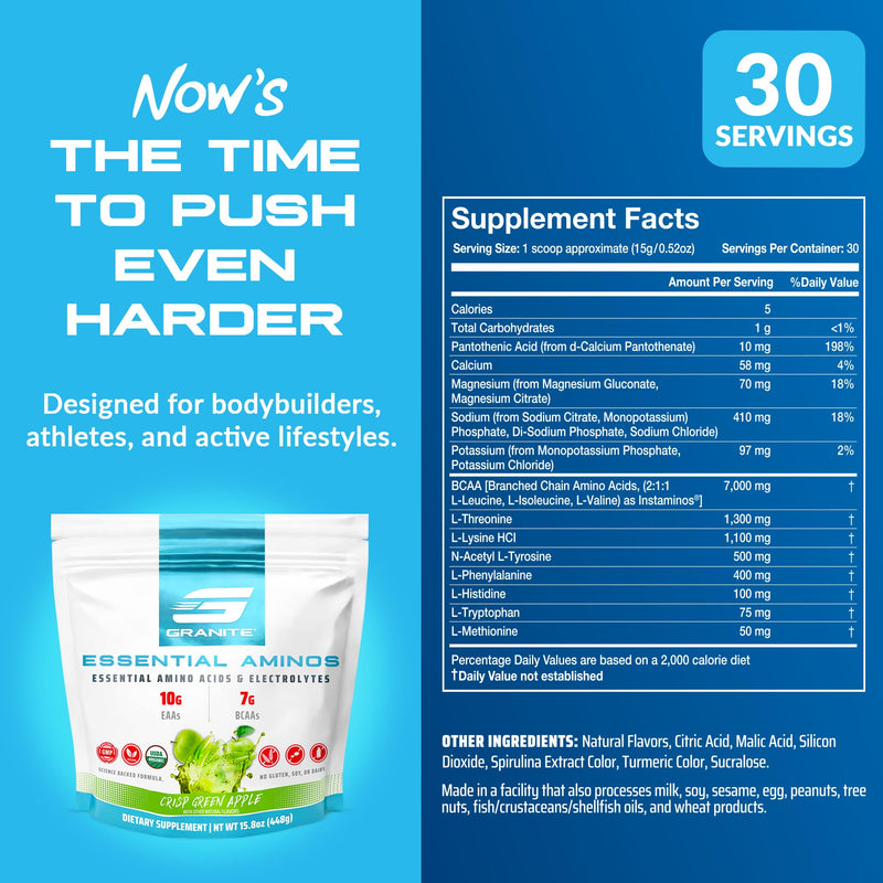 Granite Essential Amino Acids Powder – Green Apple, 30 Servings | Soy-Free & Gluten-Free
