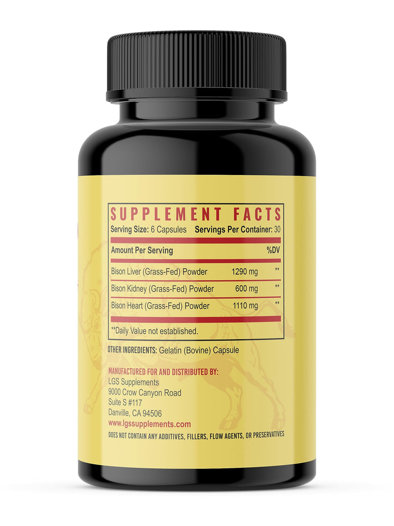 Grass Fed Bison Organ Supplement – Liver, Heart & Kidney | Non-GMO | 180 Capsules