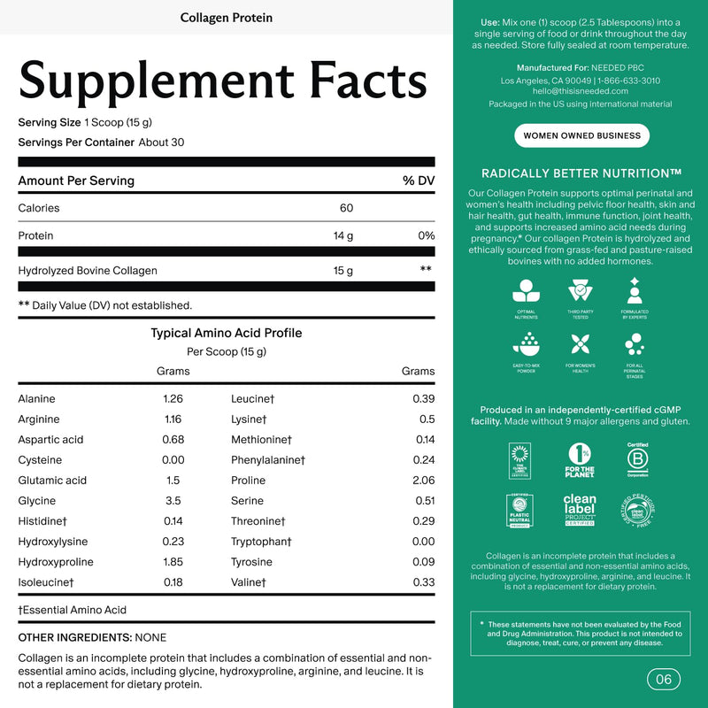 Needed Hydrolyzed Collagen Protein Powder – Grass-Fed, Hormone-Free, 1lb
