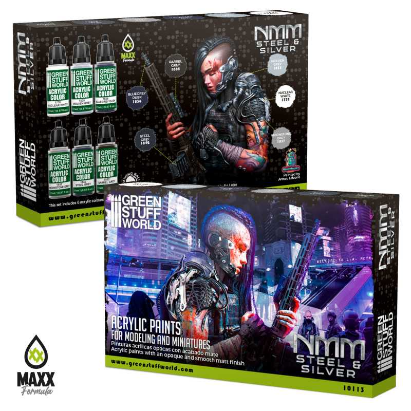 Green Stuff World Paint Set - NMM Steel and Silver