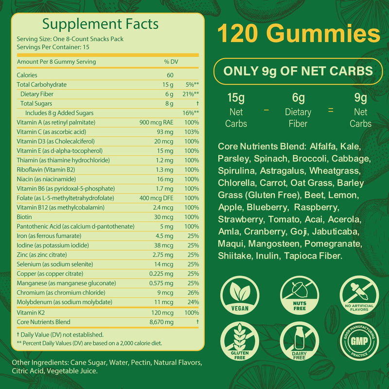 Greens Daily Gummies – Superfood Greens Multivitamin for Digestive Health & Immune Support | Non-GMO, 120 Count