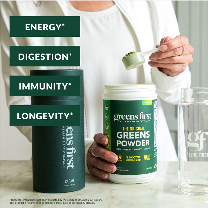 Greens First Gift Set - Limited Edition 25th Anniversary Glass Carafe & Mint Greens Powder (49 Superfoods)