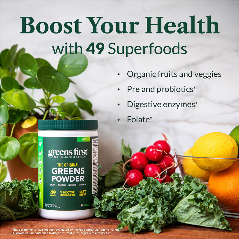 Greens First Original Greens Powder - 49 Superfoods, Organic, Vegan (Chocolate, 30 Servings)