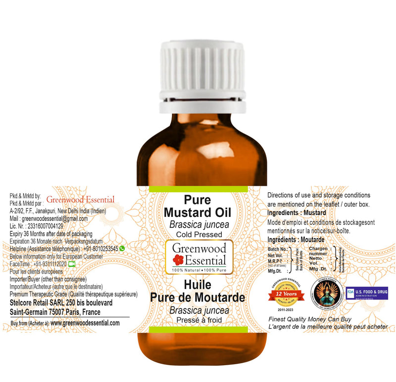 Greenwood Essential Mustard Oil (Brassica juncea) | Cold Pressed | Natural | Undiluted | For Diluting Essential Oils | For Skin & Massage | Men & Women | 5ml (0.16 oz)