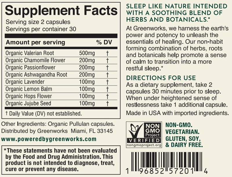 Greenworks Nature's Rest Melatonin-Free Sleep Aid | Organic Herbal Blend (60 Count)