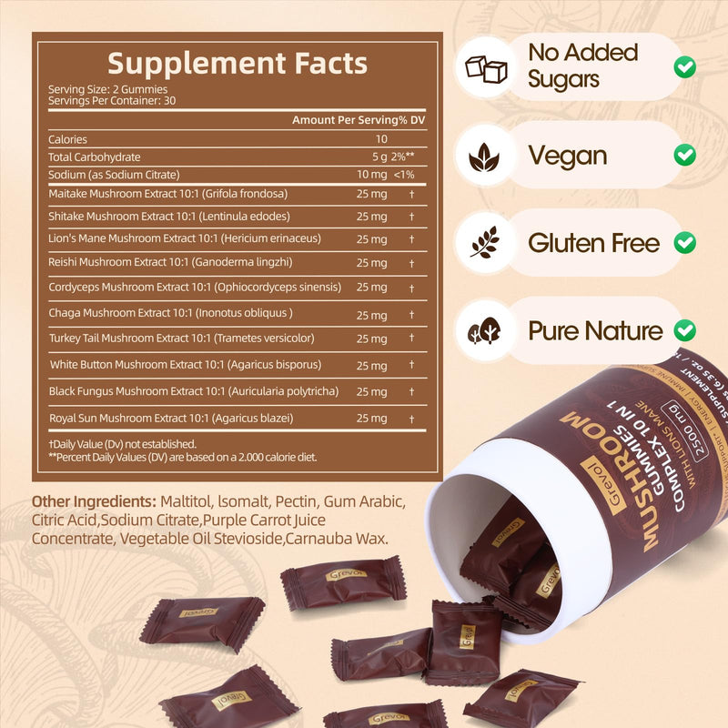 Grevol Mushroom Gummies with Lion's Mane – 60 Counts | 10-Mushroom Complex