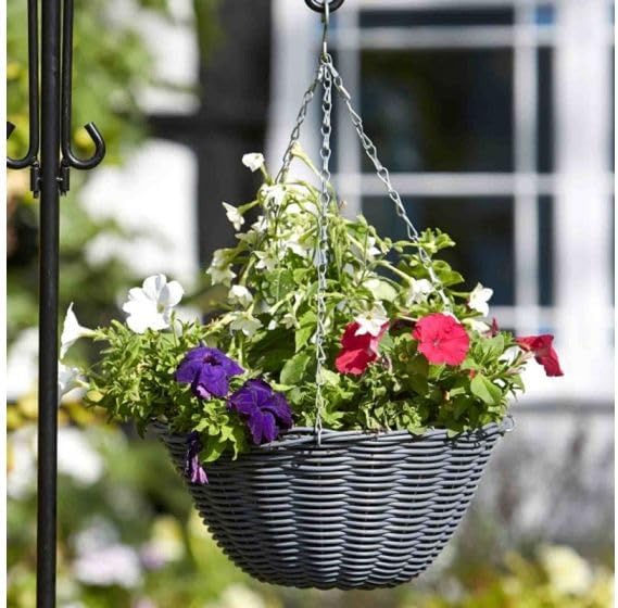 Grey Rattan Hanging Basket Pre-Lined Garden Planter 35.5cm