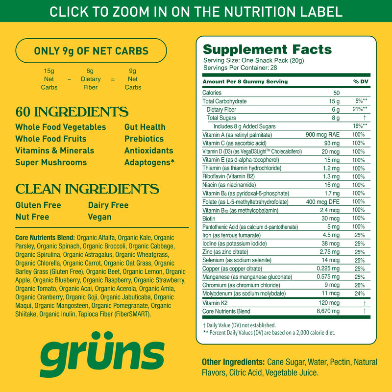 Grüns Adults Super Greens Multivitamin Gummies – 60+ Nutrients, 6g Fiber, 28 Pack